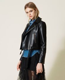 Leather-like biker jacket with belt Black Woman 222TT2350-02