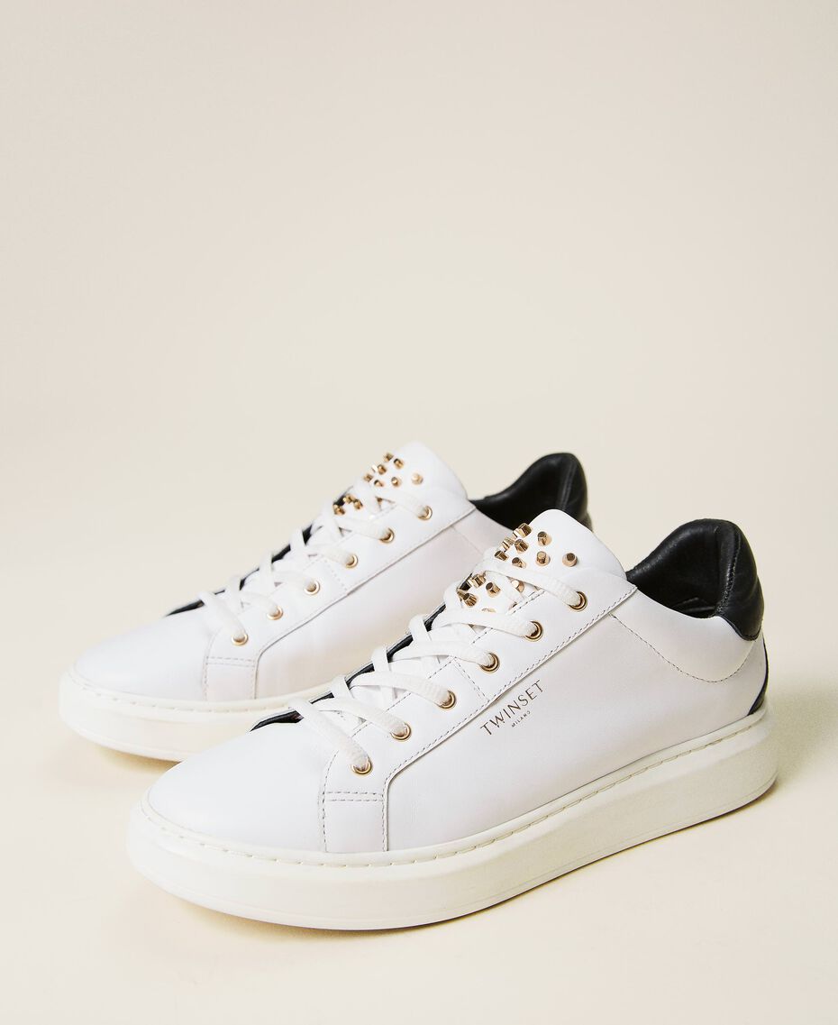 Leather trainers with studs Two-tone Optical White / Black Woman 212TCT130-02