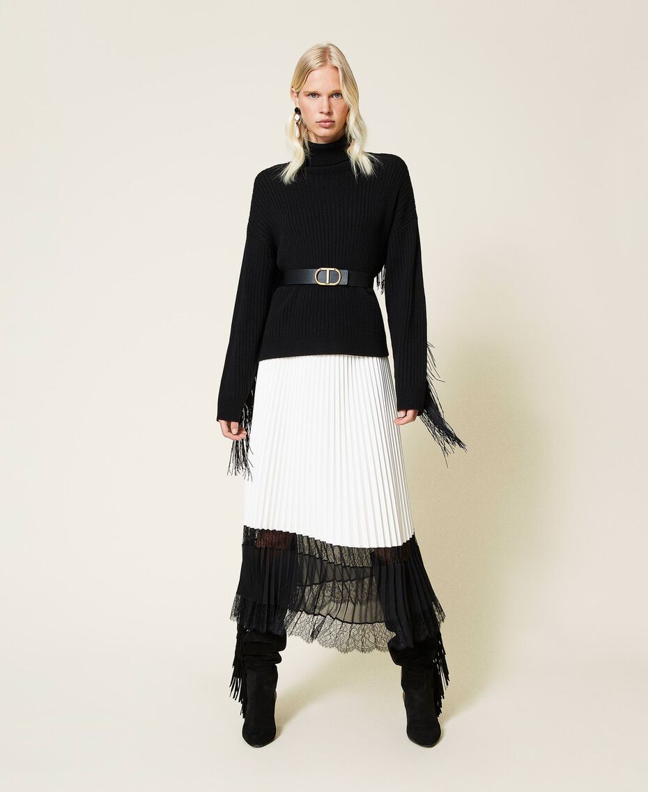 Long pleated skirt with lace Bicolour "Snow" White / Black Woman 212TP2090-01