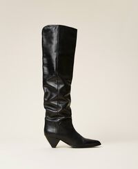 Thigh-high nappa boots with cone-shaped heel