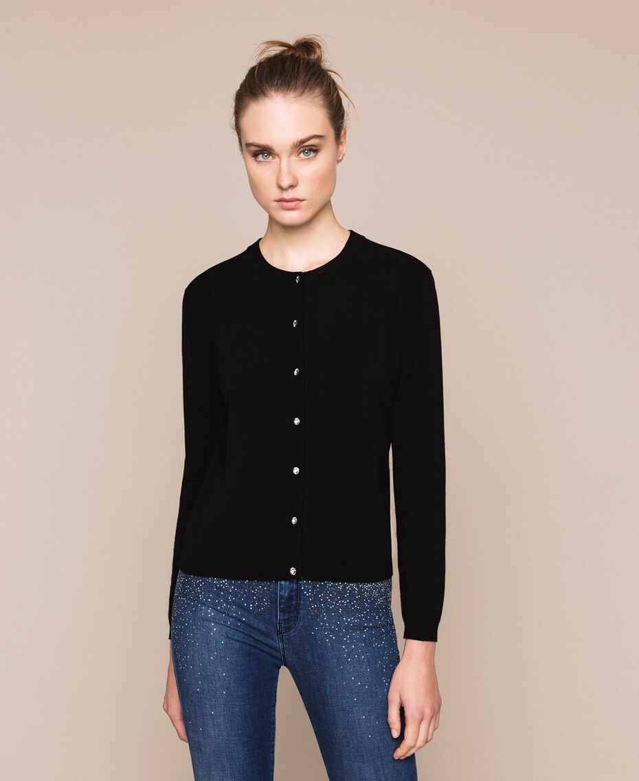 Mandarin style cardigan with rhinestone buttons Woman, Black | TWINSET  Milano