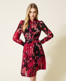 Midi creponne floral dress Fuchsia / Black Autumn Flowers Print Woman 222TP2692-02
