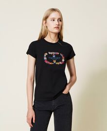 T-shirt with logo and floral embroidery Black Woman 222TT2151-01