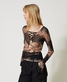 Dual-use printed jumper with tie-up laces Black / “Pale Hemp” Beige Hibiscus Print Woman 231TT3191-03