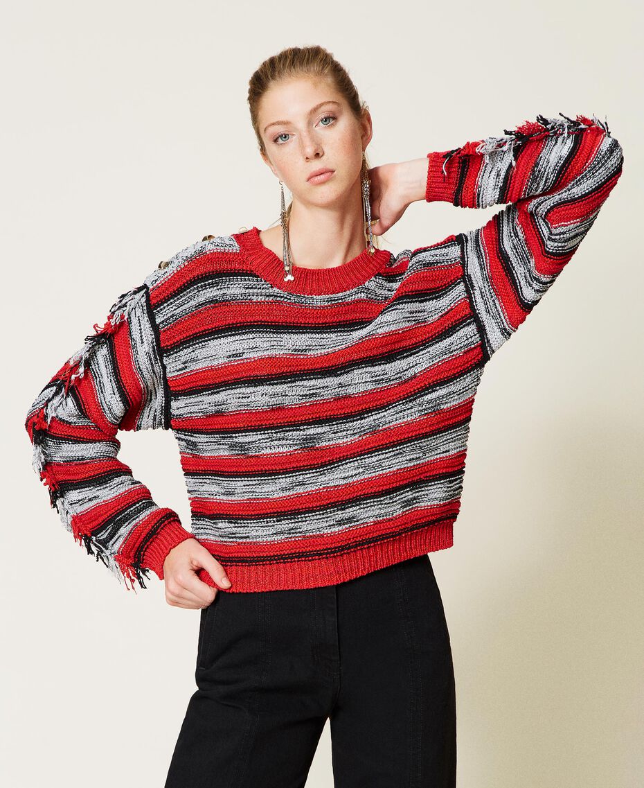 Striped boxy jumper with fringes Black / "Fire Red" / Grey Multicolour Woman 221TP3121-01