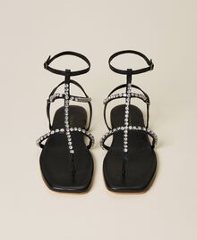 Leather sandals with rhinestones Black Woman 221TCT060-05