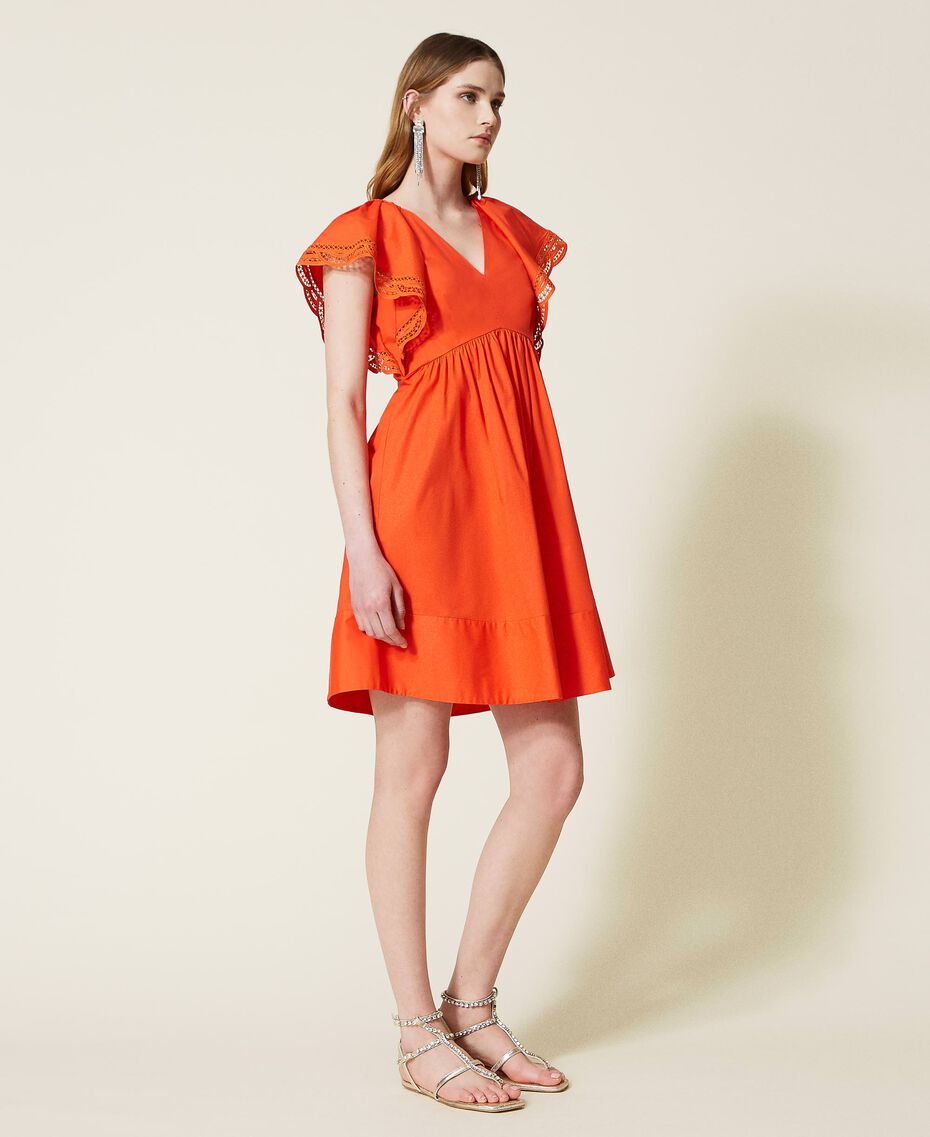 Short poplin dress with lace "Cherry Tomato” Orange Woman 221TT2131-03