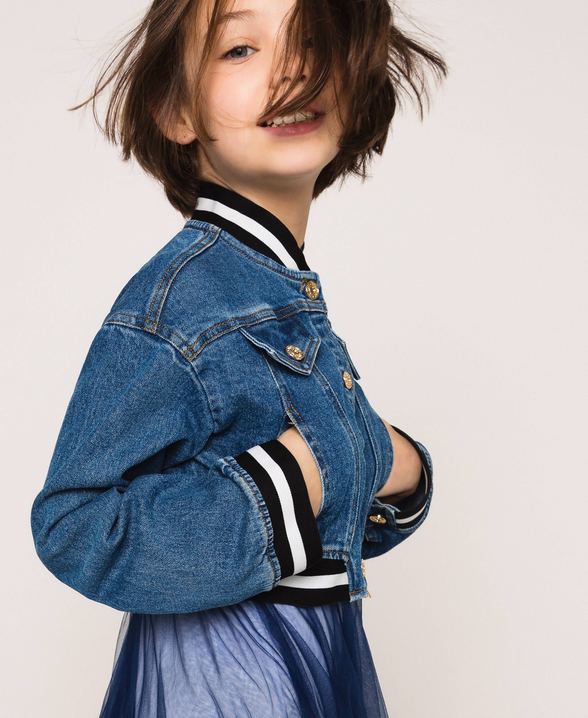 Denim bomber jacket with striped trim Child, Blue | TWINSET Milano