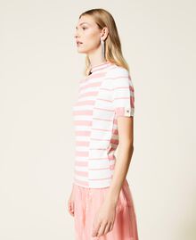 Turtleneck jumper with mixed jacquard stripes "Snow” White / "Peach Blossom” Pink Stripe Woman 221TP3083-03