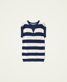 Maxi jumper with stripes and frog fasteners Two-tone Indigo Blue / "Snow” White Woman 221TP346J-0S