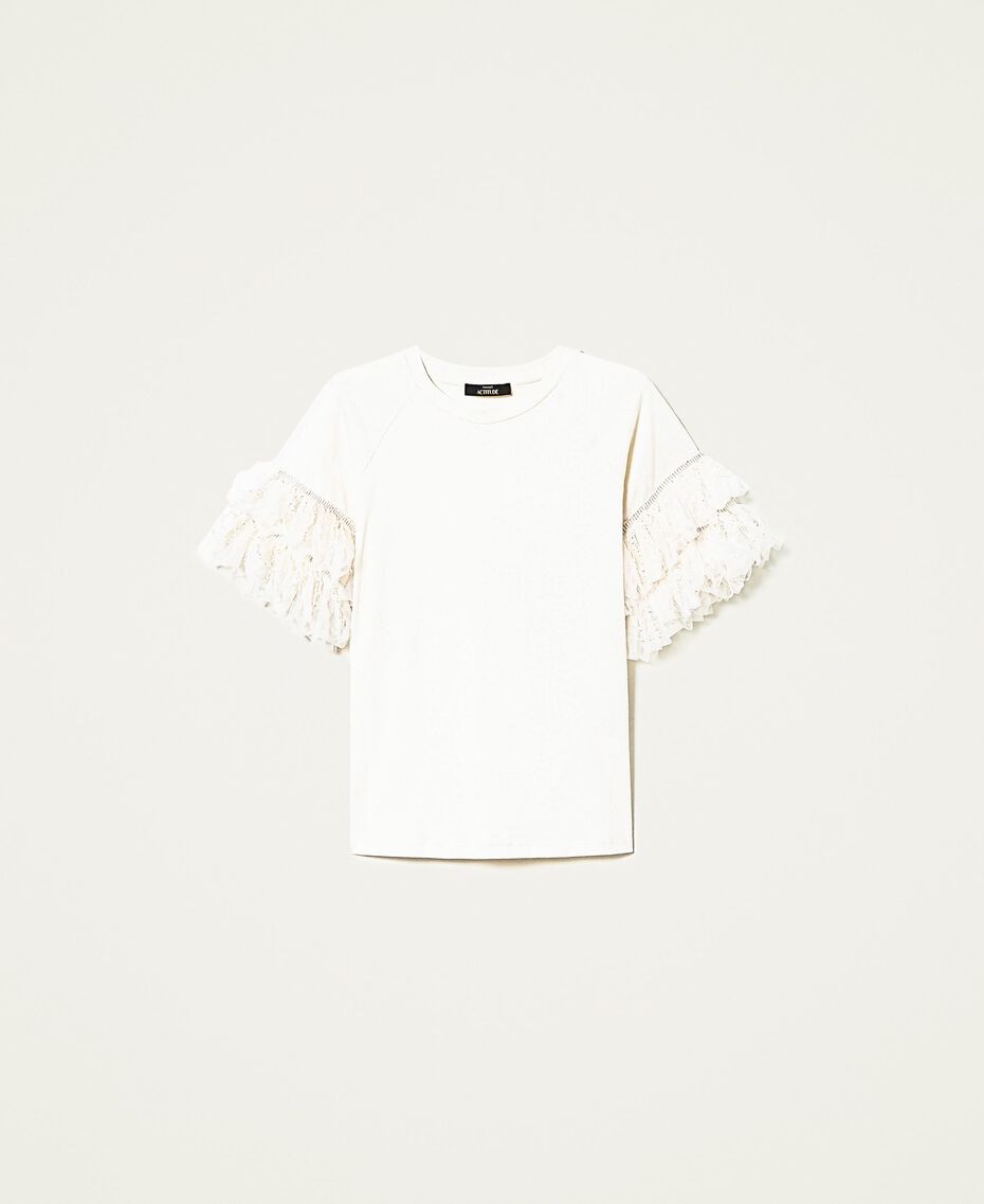 T-shirt con balze di tulle e paillettes Beige "Parchment" Donna 222AP2014-0S