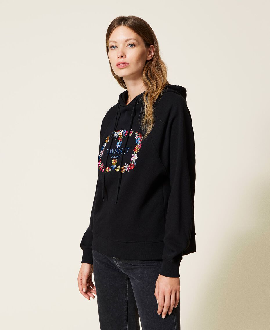 Hoodie with logo and floral embroidery Black Woman 222TT2390-02