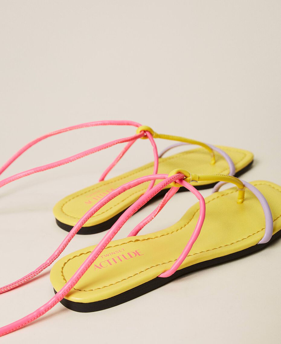 Flat thong sandals with laces "Pastel Lilac" / Vivid Yellow / Neon Pink Multicolour Woman 221ACT122-03