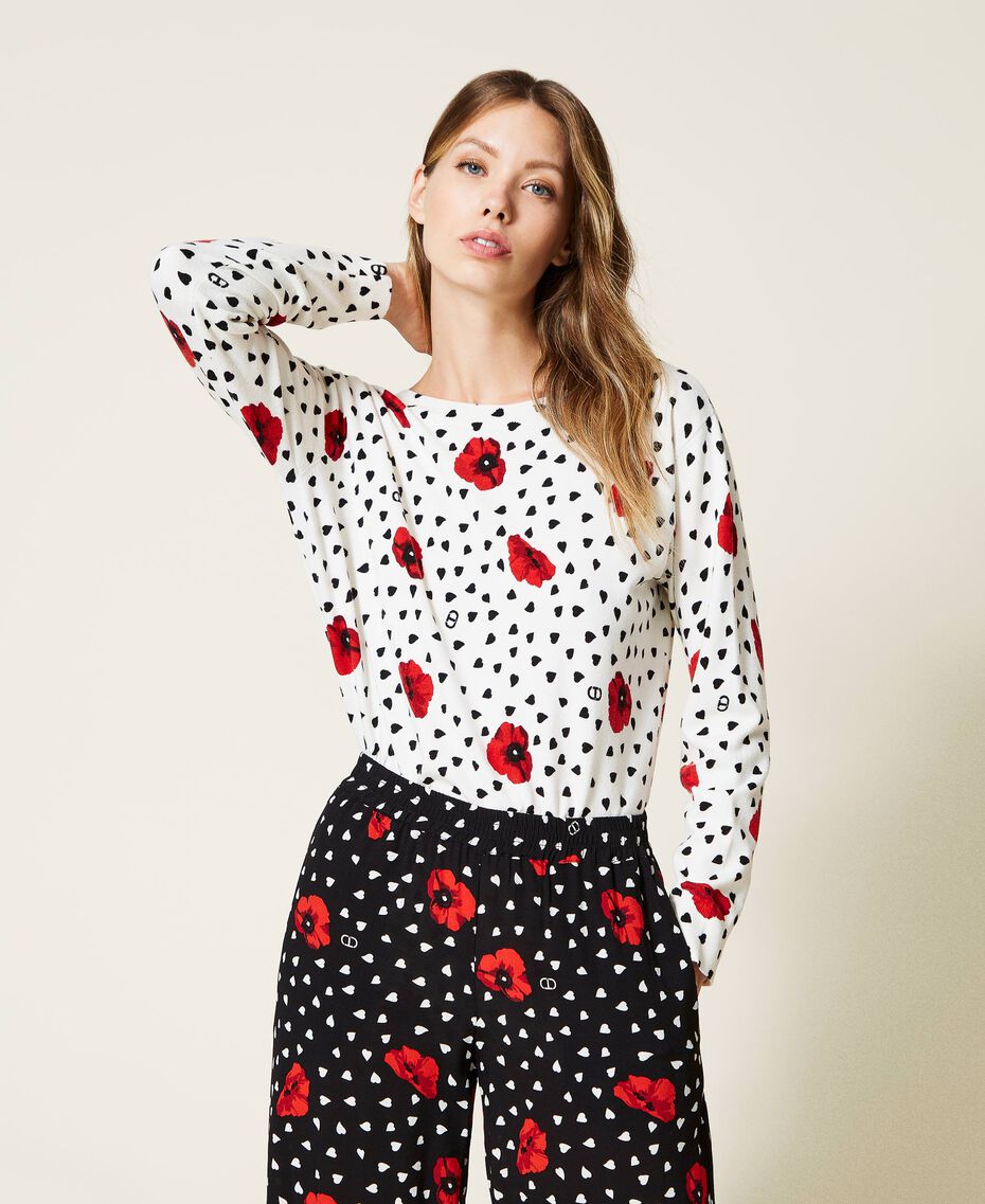 Dual-use jumper with heart and poppy print Off White Romantic Poppy Print Woman 222TQ3042-01
