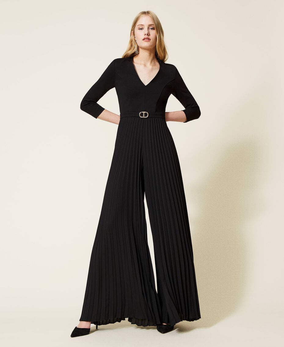 Long jumpsuit with pleats and logo Black Woman 222TP2410-02