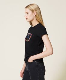 T-shirt with logo and floral embroidery Black Woman 222TT2151-02