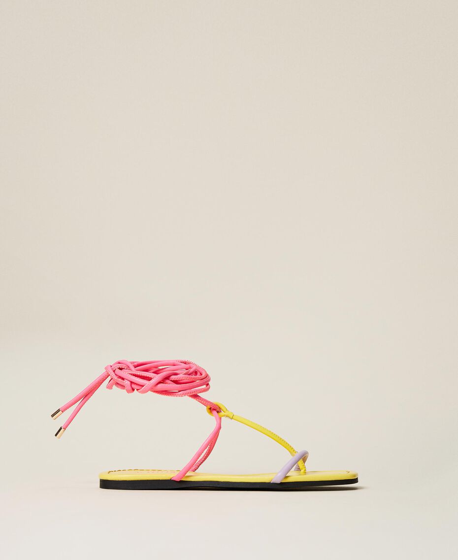 Flat thong sandals with laces "Pastel Lilac" / Vivid Yellow / Neon Pink Multicolour Woman 221ACT122-01