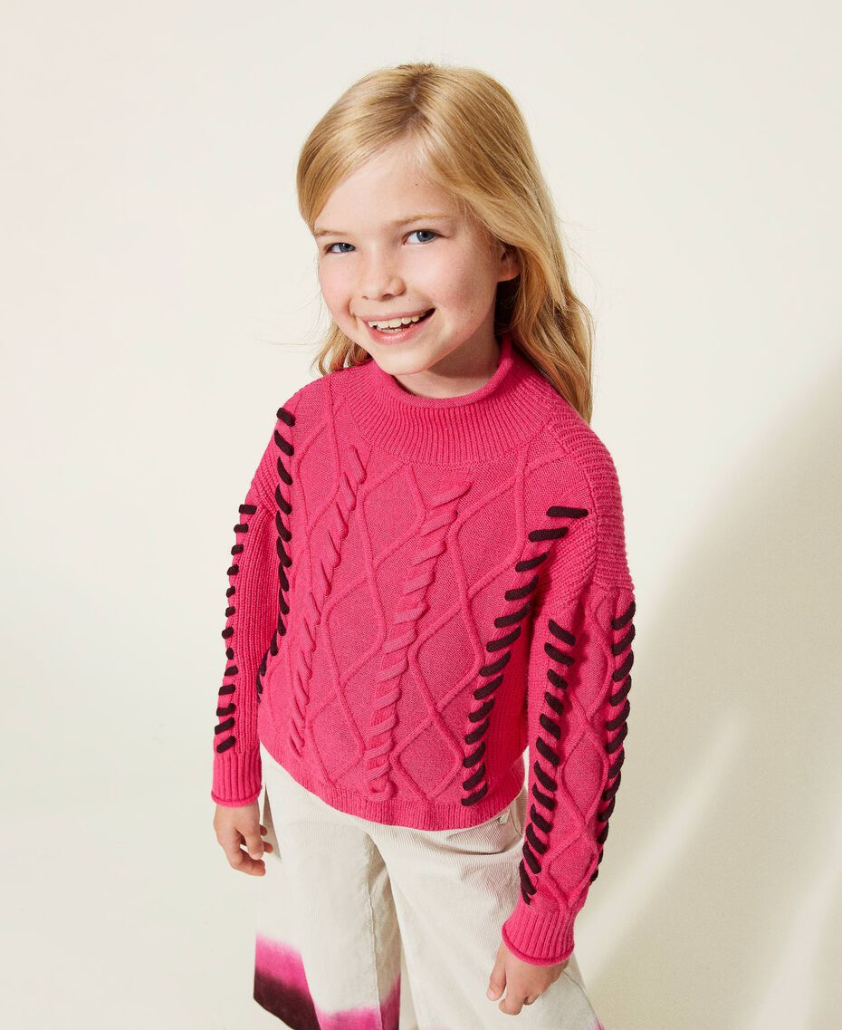 Turtleneck jumper with cable and diamond knit Silk Fuchsia Child 222GJ3067-01