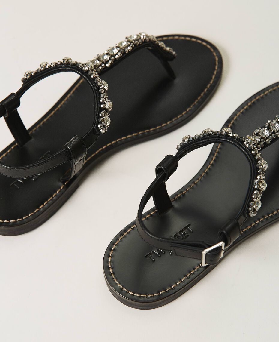 Thong sandals with bezels and rhinestones Woman, Black | TWINSET Milano