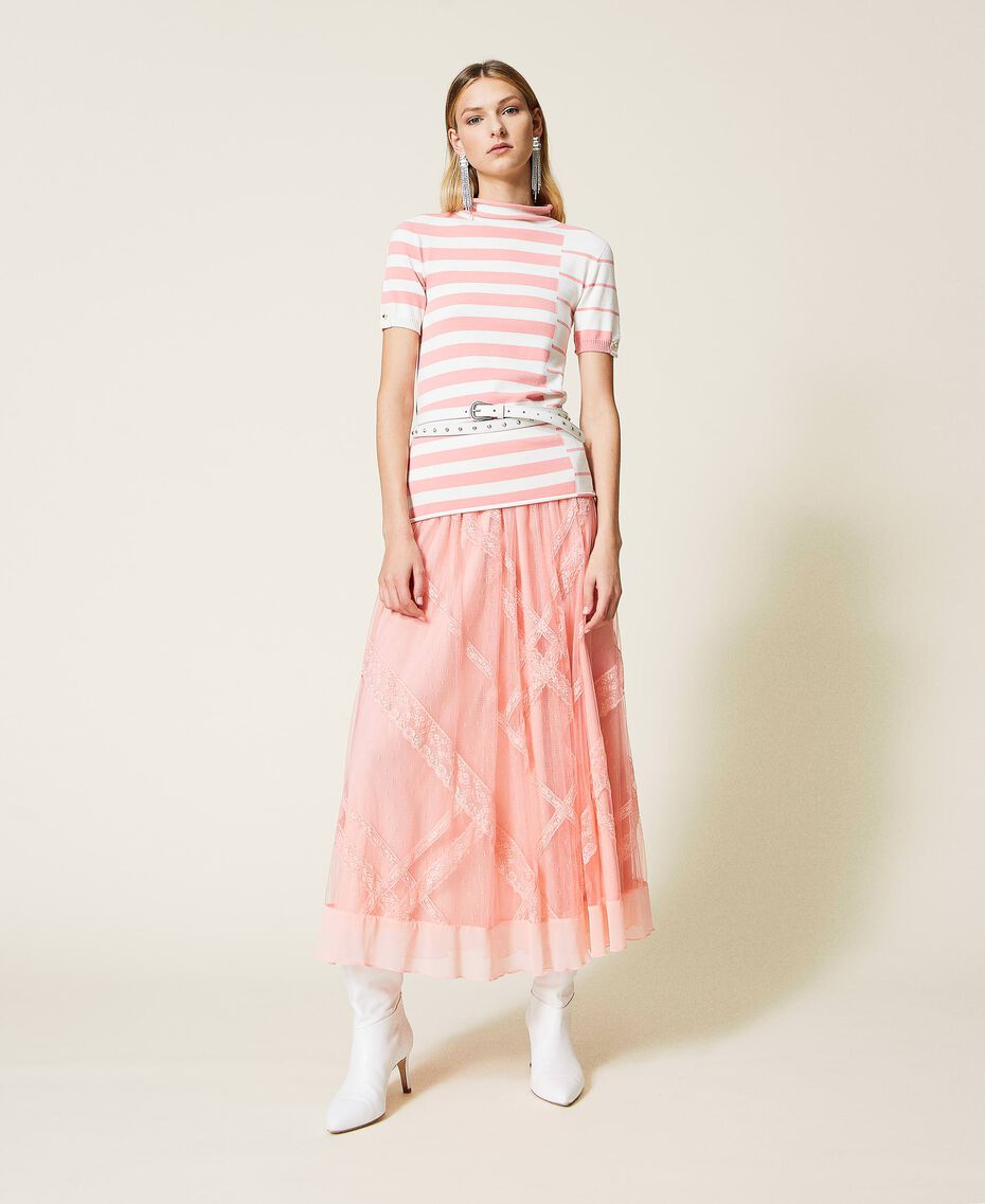 Turtleneck jumper with mixed jacquard stripes "Snow” White / "Peach Blossom” Pink Stripe Woman 221TP3083-01