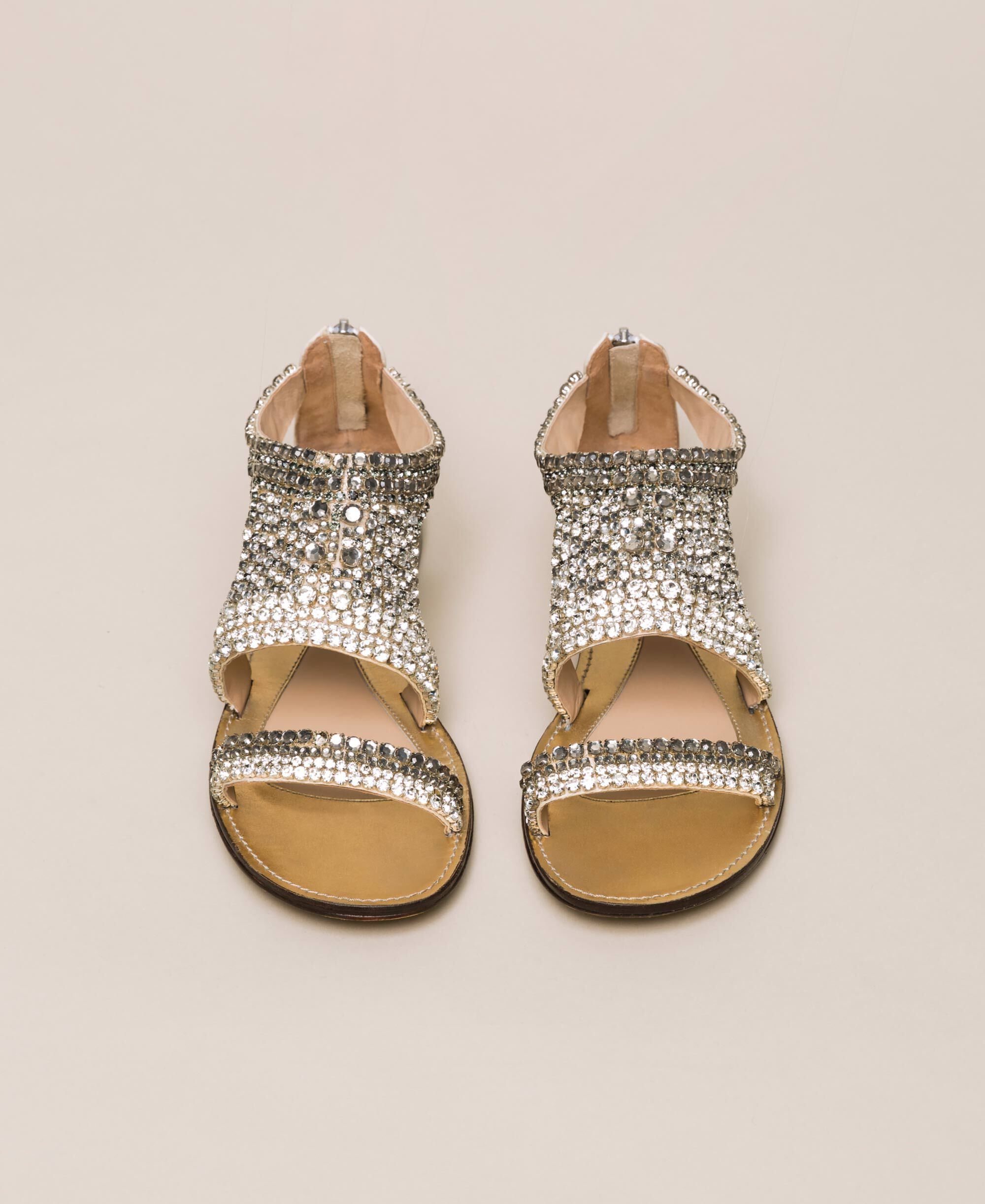Flat leather sandals with rhinestones Woman, White | TWINSET Milano