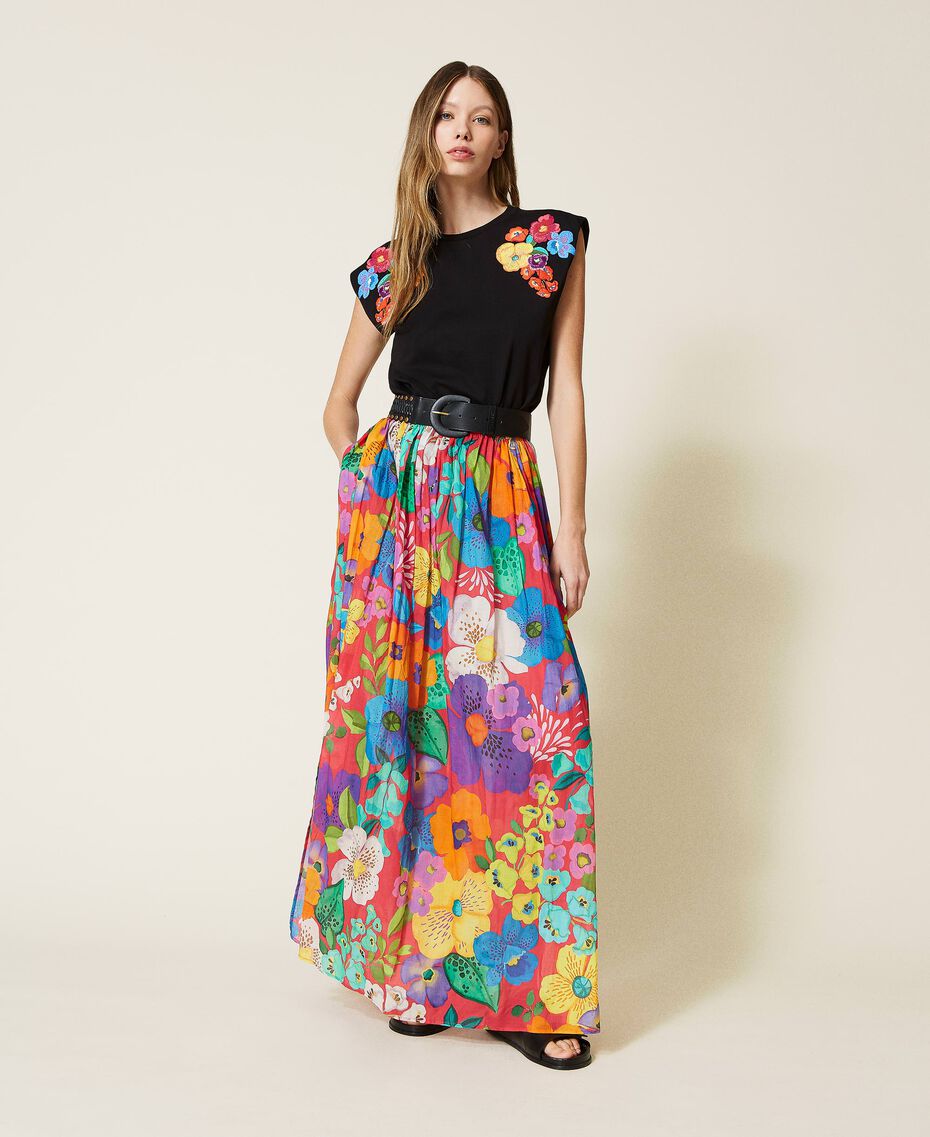 Long floral muslin skirt “Azalea” Pink Mexico Flower Print Woman 221TT2305-02