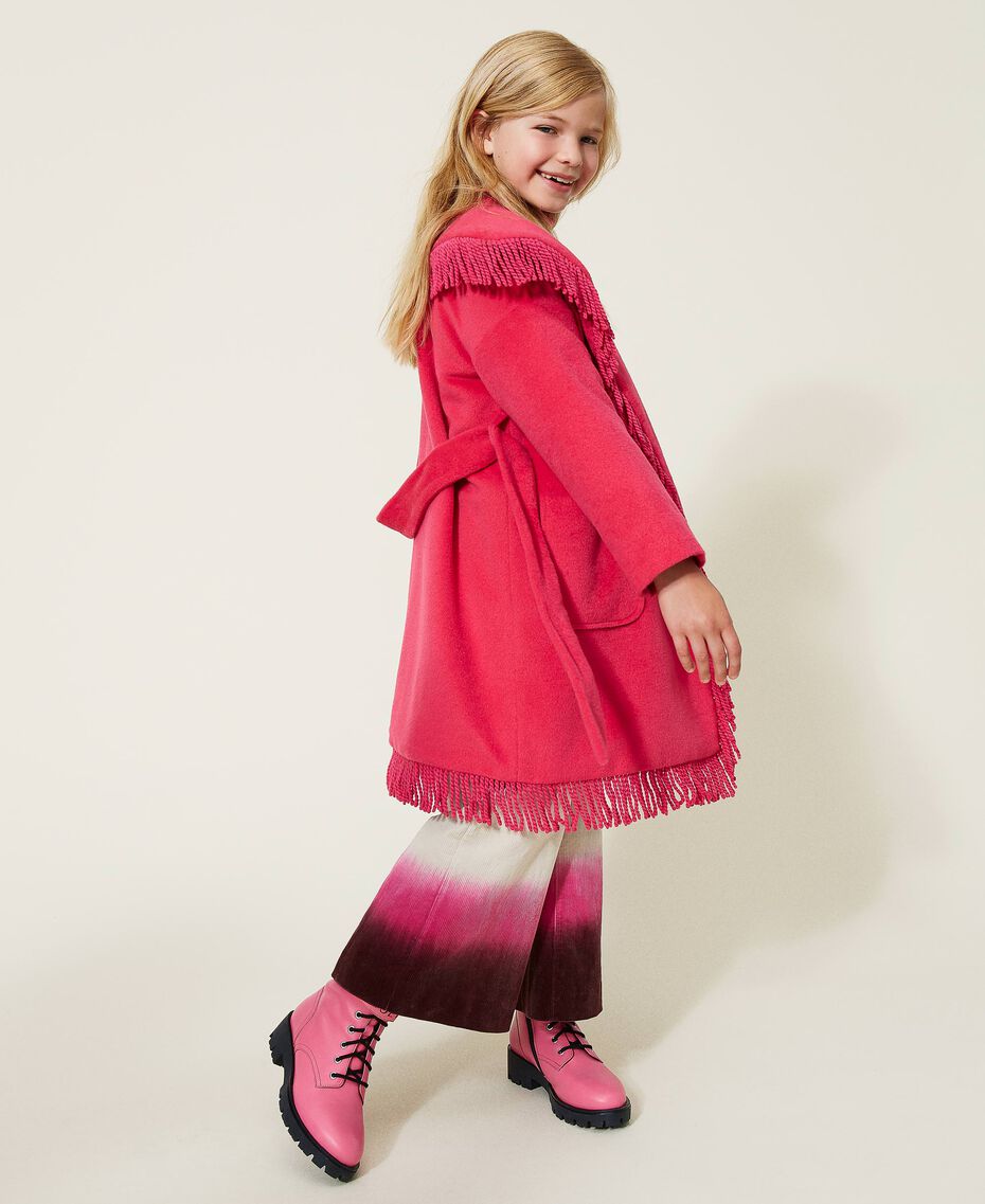 Velour wool cloth coat with fringes Silk Fuchsia Child 222GJ2252-02