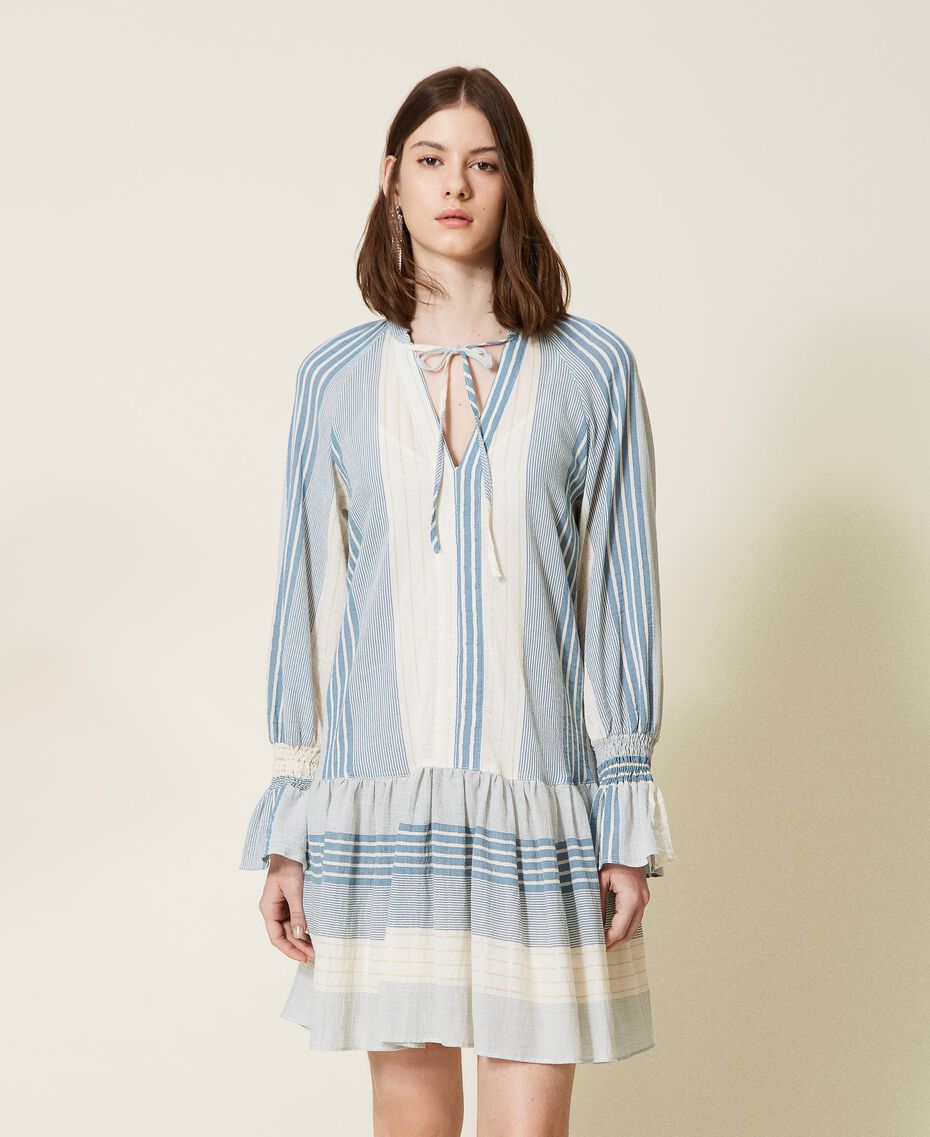 Robe courte en gaze rayée Gaze Rayure Blanc « Neige »/Bleu « Infini » Femme 221TT2332-01