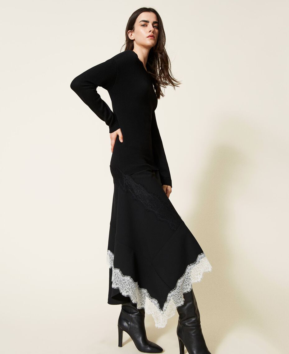 Midi knit dress with inserts Bicolour Black / "Snow" White Woman 222TT3283-03