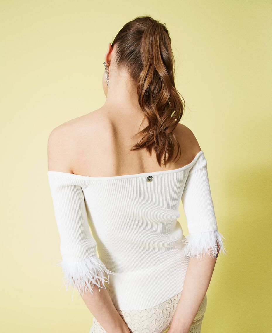 Fitted ribbed jumper with feathers White Gardenia Woman 221AT3032-03