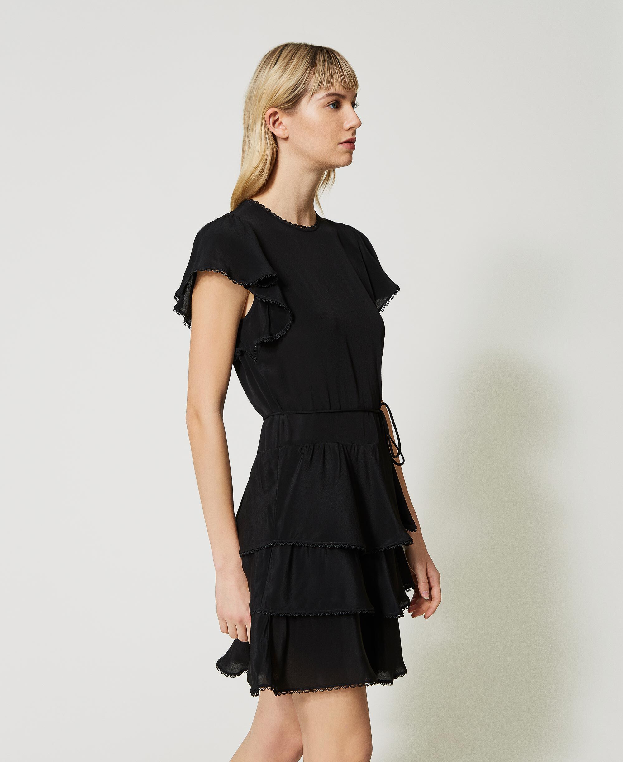 Silk blend dress with flounces Woman, Black | TWINSET Milano