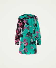 Kurzes Kleid aus geblümtem Krepon Print Autumn Flowers „Peppermint“-Grün / Schwarz Frau 222TP2690-0S