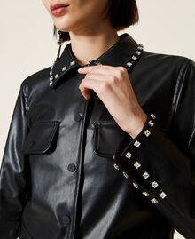 Leather-like jacket with embroidery Black Woman 222AP2330-06