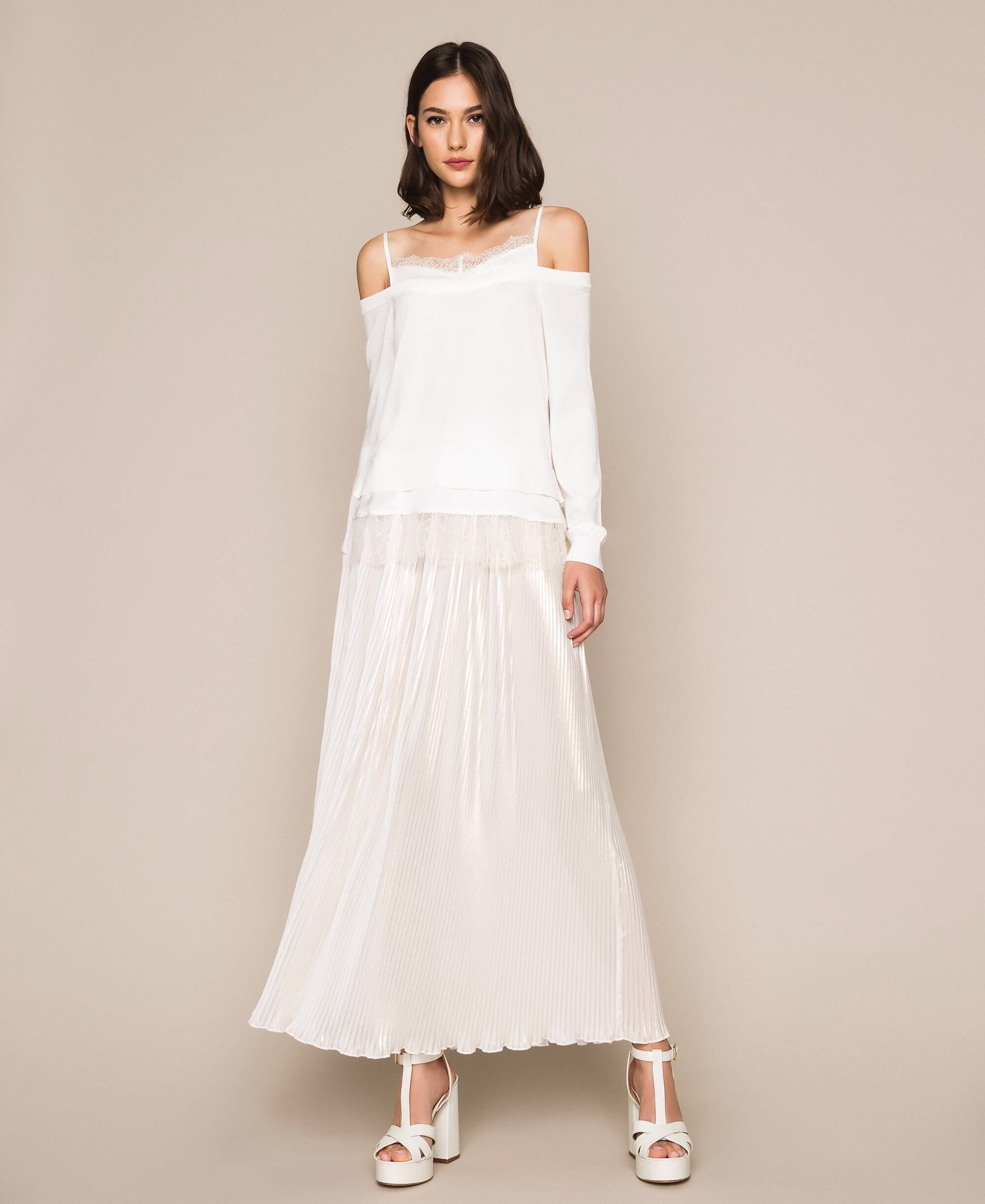 Laminated pleated long skirt Woman, White | TWINSET Milano
