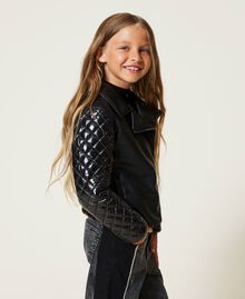 Leather-like biker jacket with nylon Black Child 222GJ232A-02