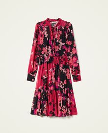 Midi creponne floral dress Fuchsia / Black Autumn Flowers Print Woman 222TP2692-0S