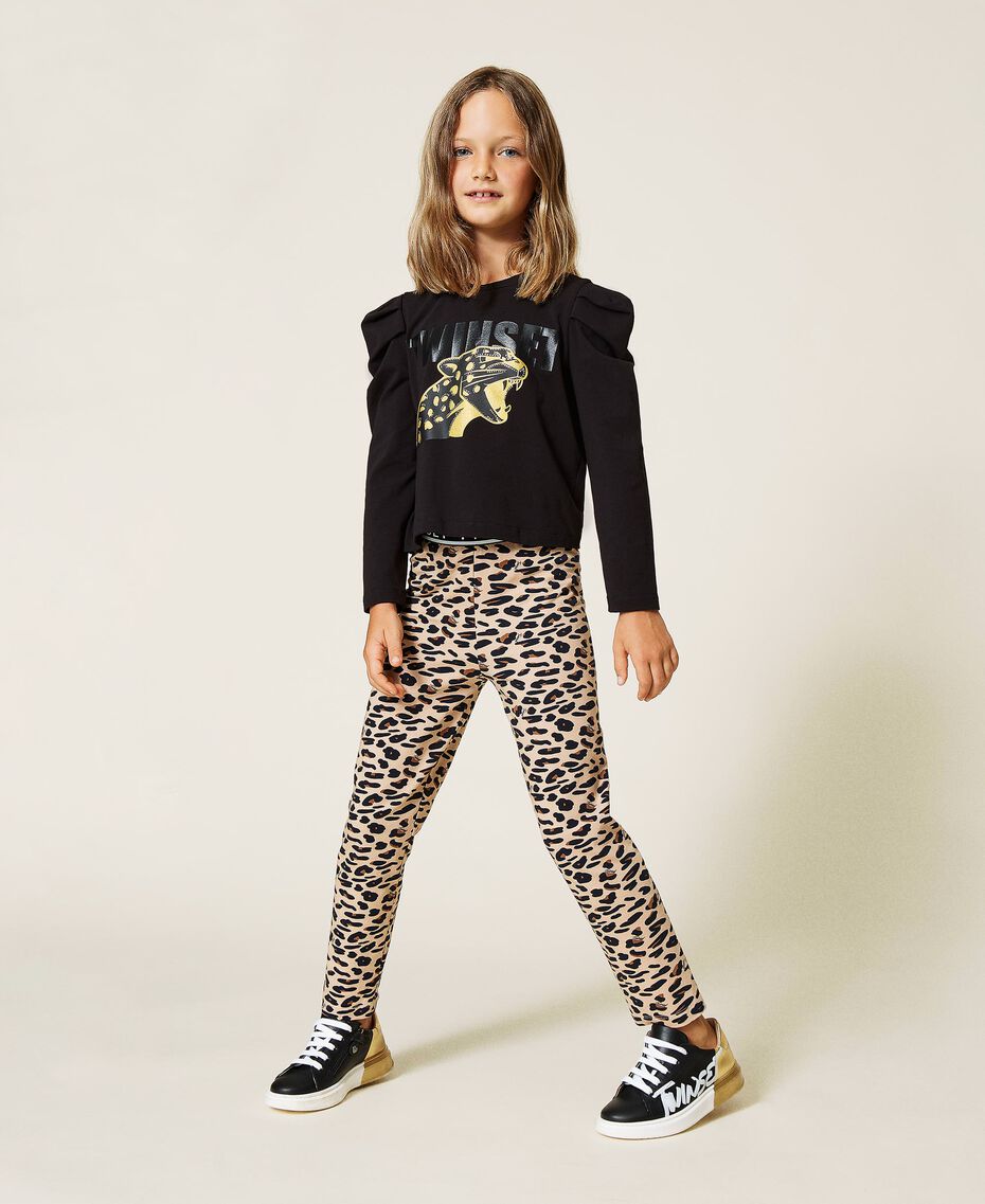 T-shirt with print and animal print leggings Child, Black | TWINSET Milano