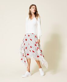 Knit and georgette dress with heart and poppy pattern Off White Romantic Poppy Print Woman 222TQ3045-01