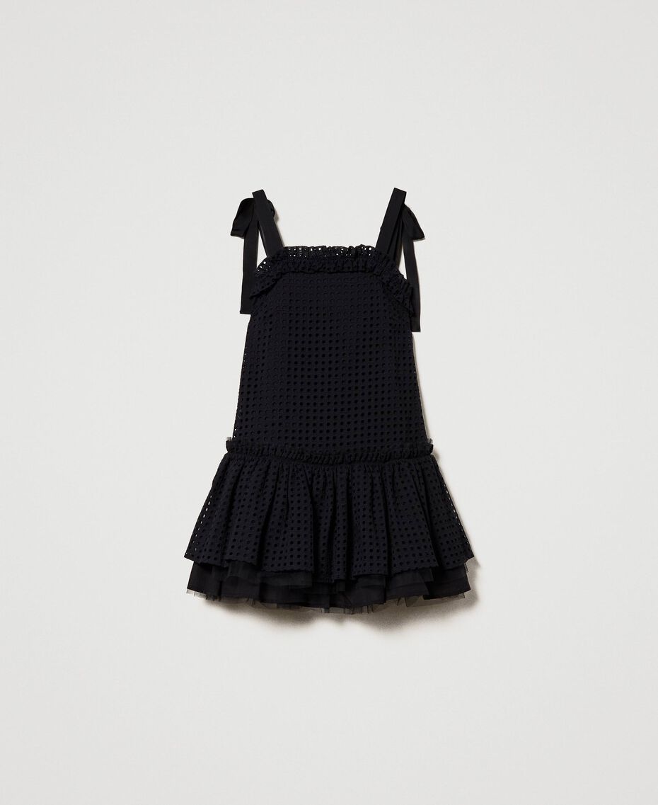Vestido corto de bordado inglés con tirantes de cinta Mujer, Negro |  TWINSET Milano