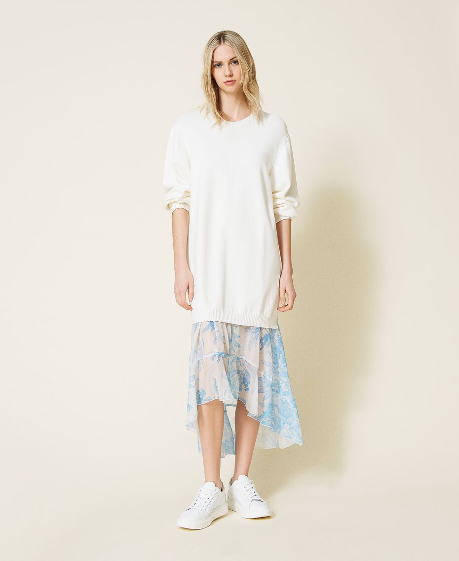 Robe longue avec crépon floral toile de Jouy Bicolore Blanc « Neige »/Imprimé Fleur Sanderson Blanc « Neige »/Bleu Femme 221TP345A-01