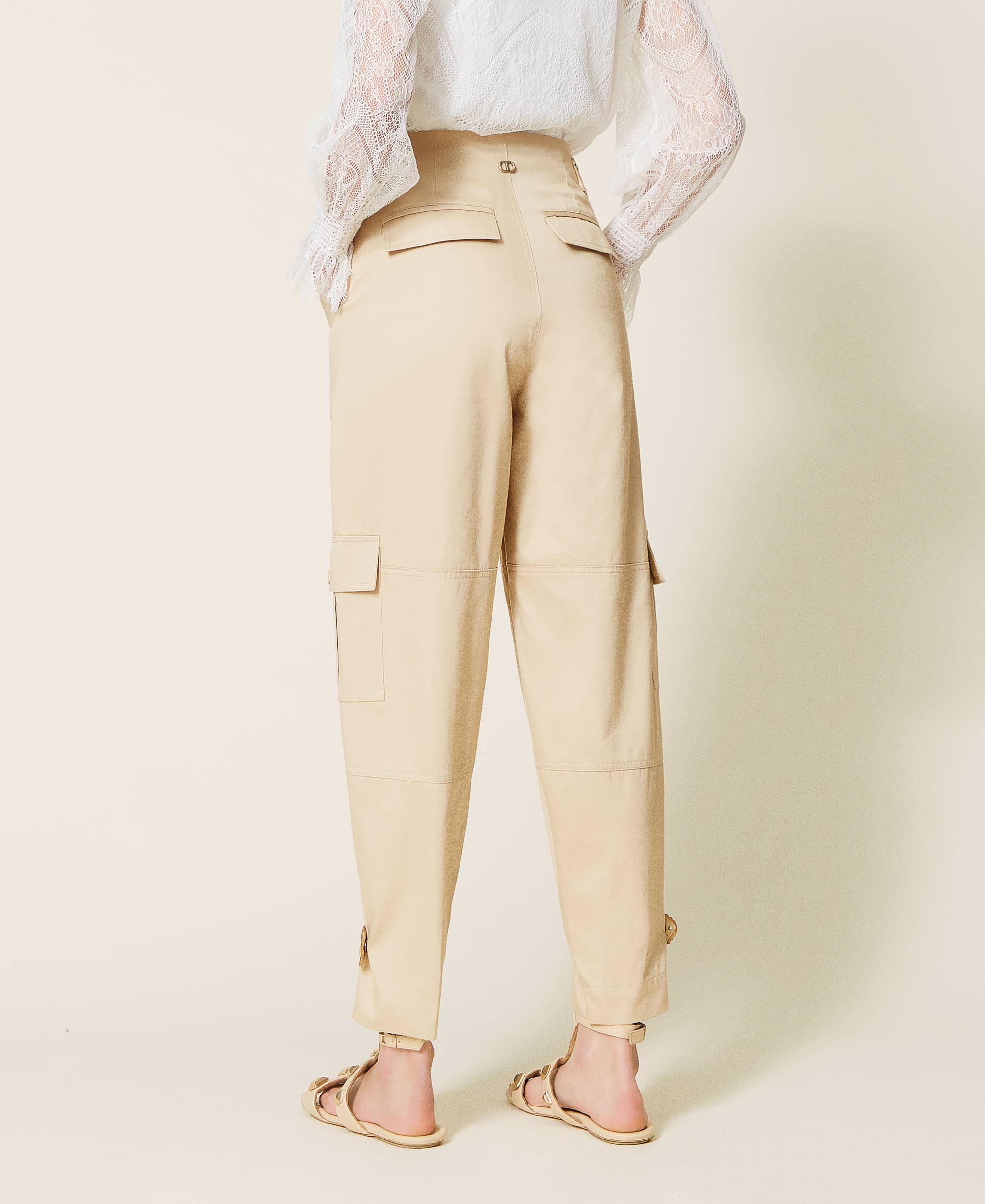 Slacks and Chinos Cargo trousers Womens Clothing Trousers Twinset Cotton Openwork Embroidery Cargo Trousers in Natural 