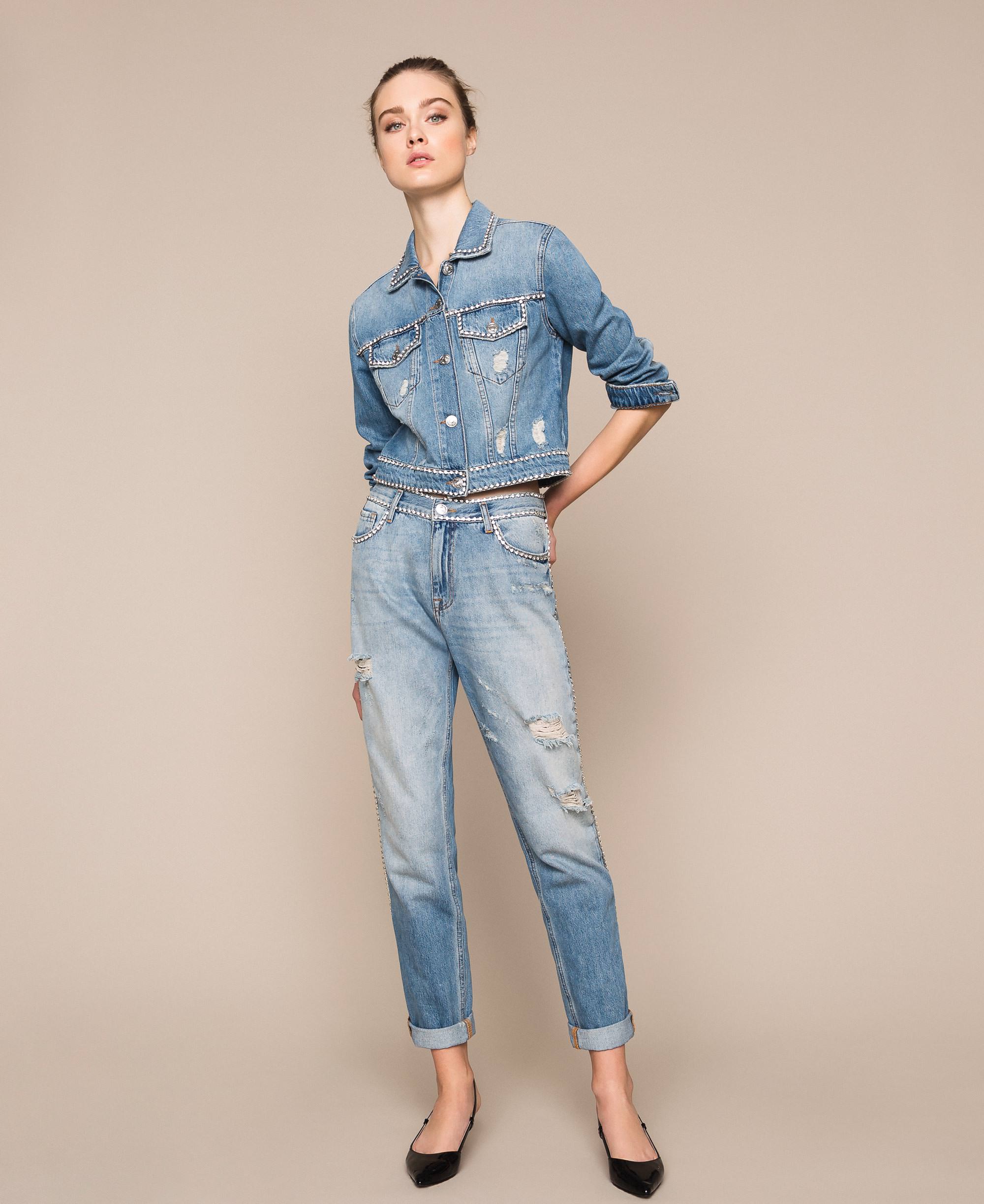Jeans girlfriend con strass Donna, Blu | TWINSET Milano