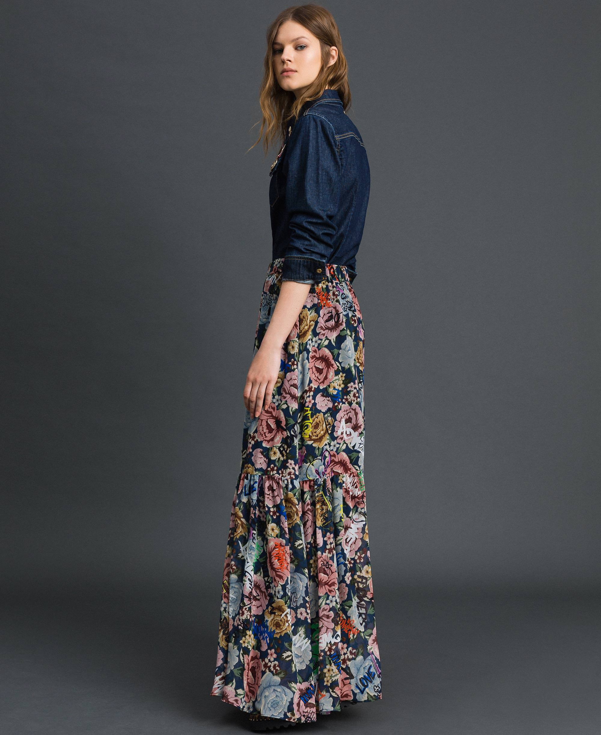 Long skirt with floral and graffiti print