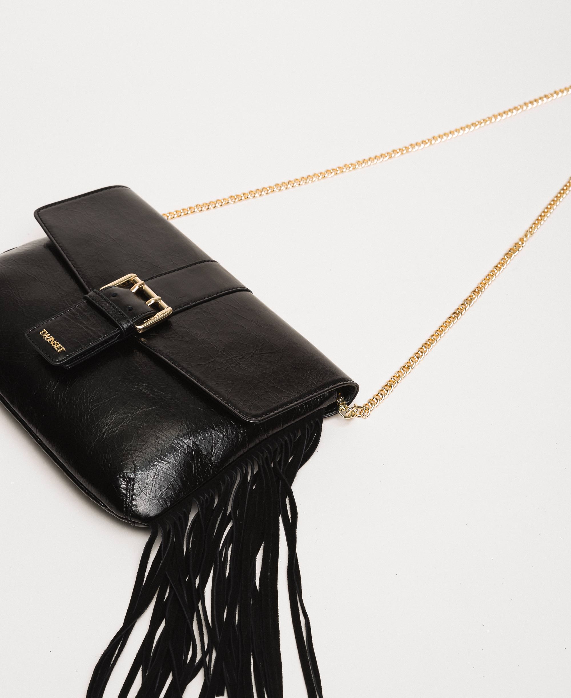 Borsa a tracolla in pelle con frange Donna, Nero | TWINSET Milano