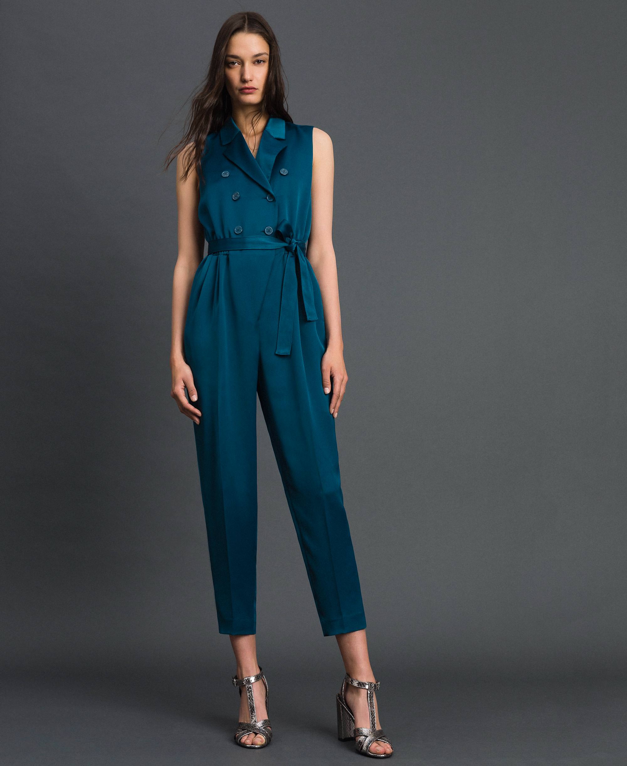 Double breasted jumpsuit with belt at the waist Woman, Light blue ...