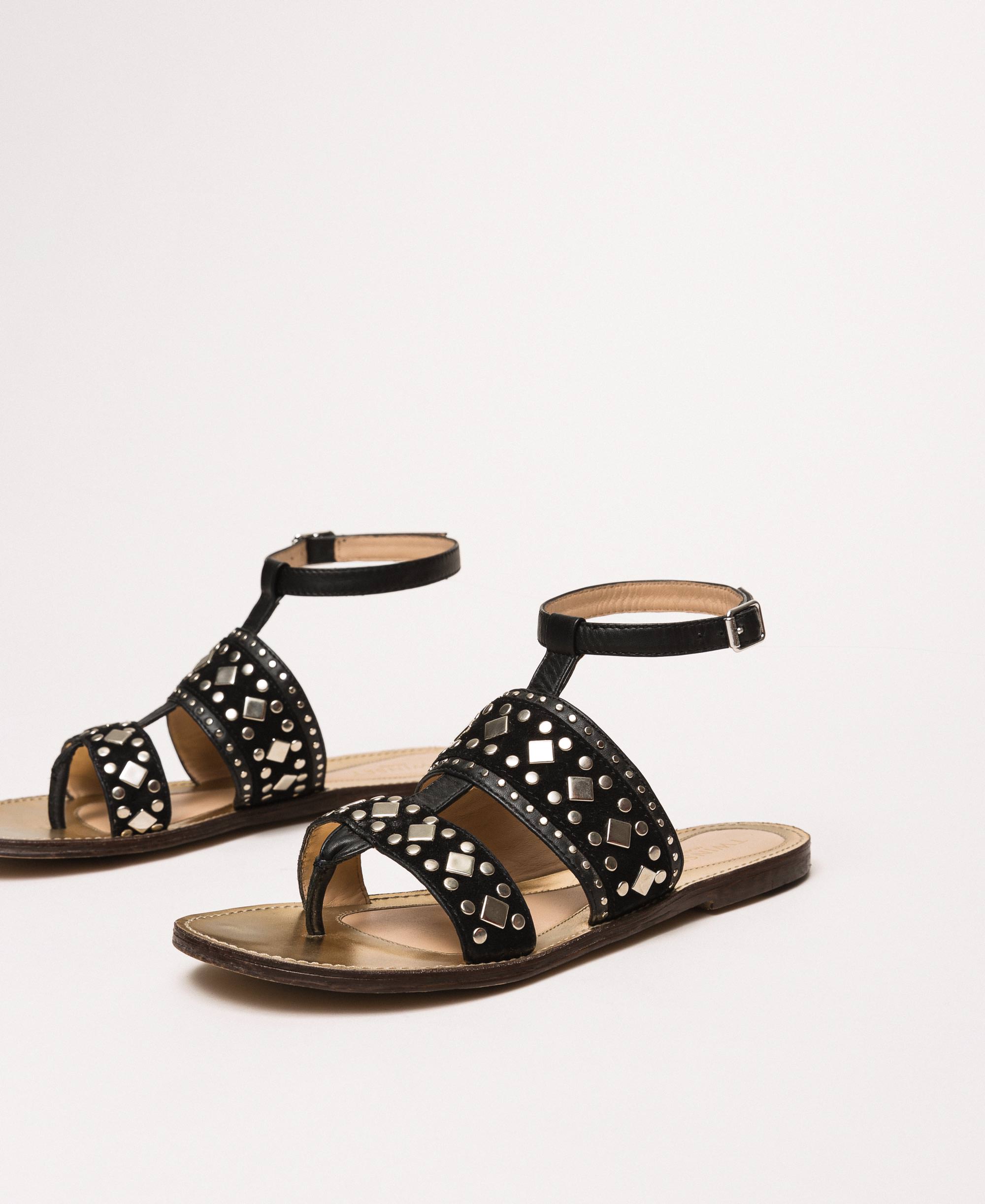 Flat leather sandals with studs Woman, Black | TWINSET Milano