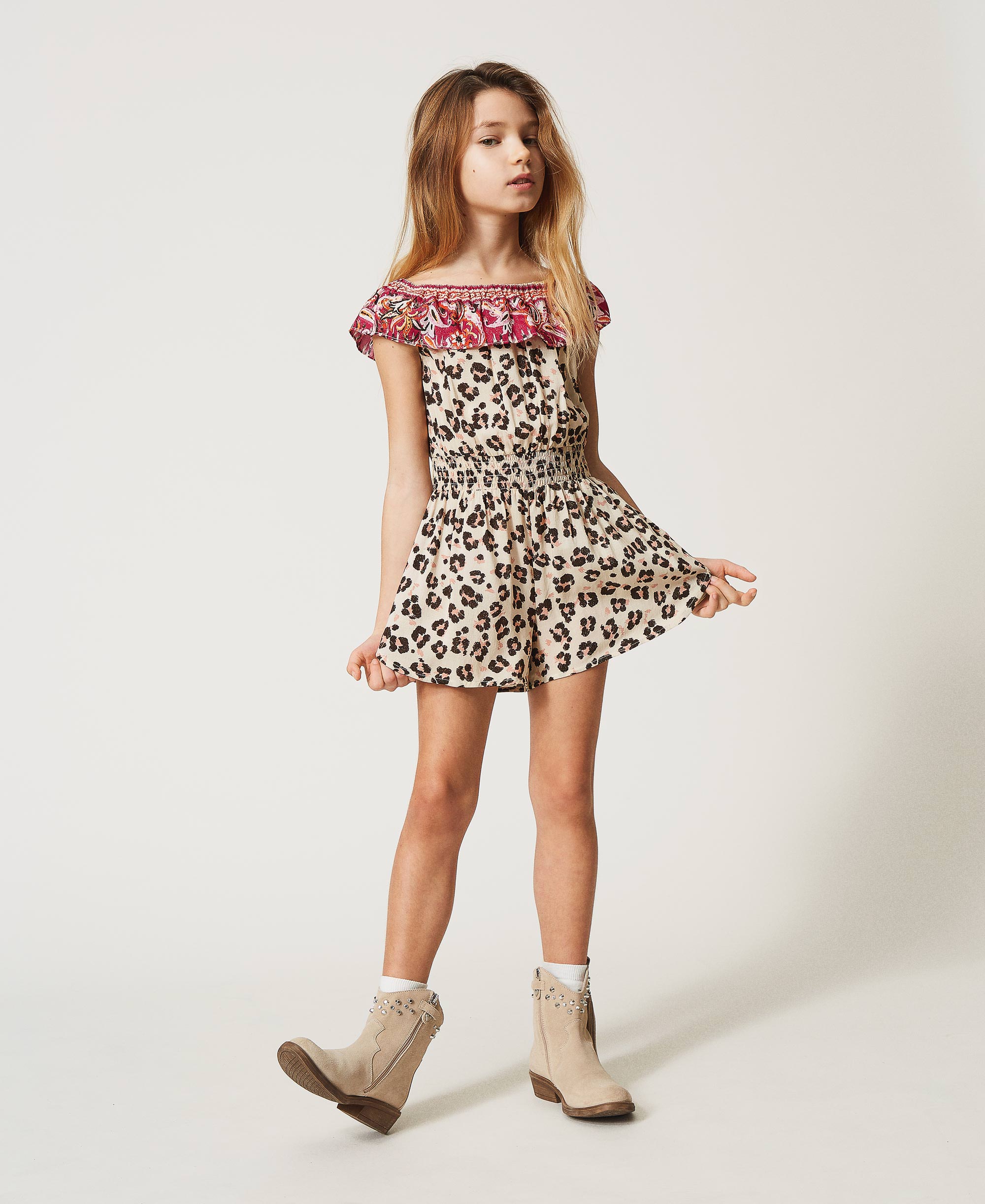 Tuta corta a stampa animalier Bambina, Rosa | TWINSET Milano