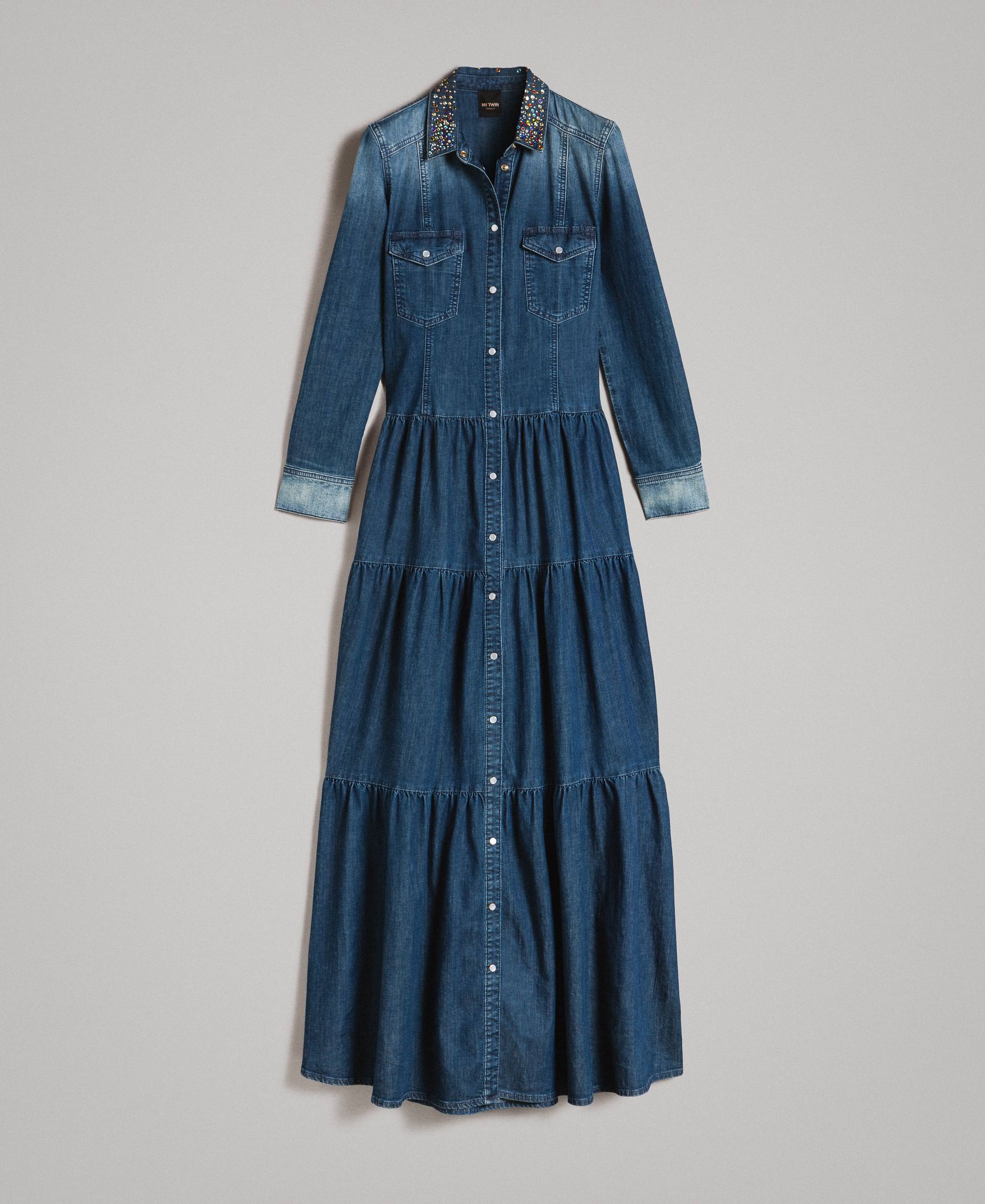 Abito chemisier in denim con balze