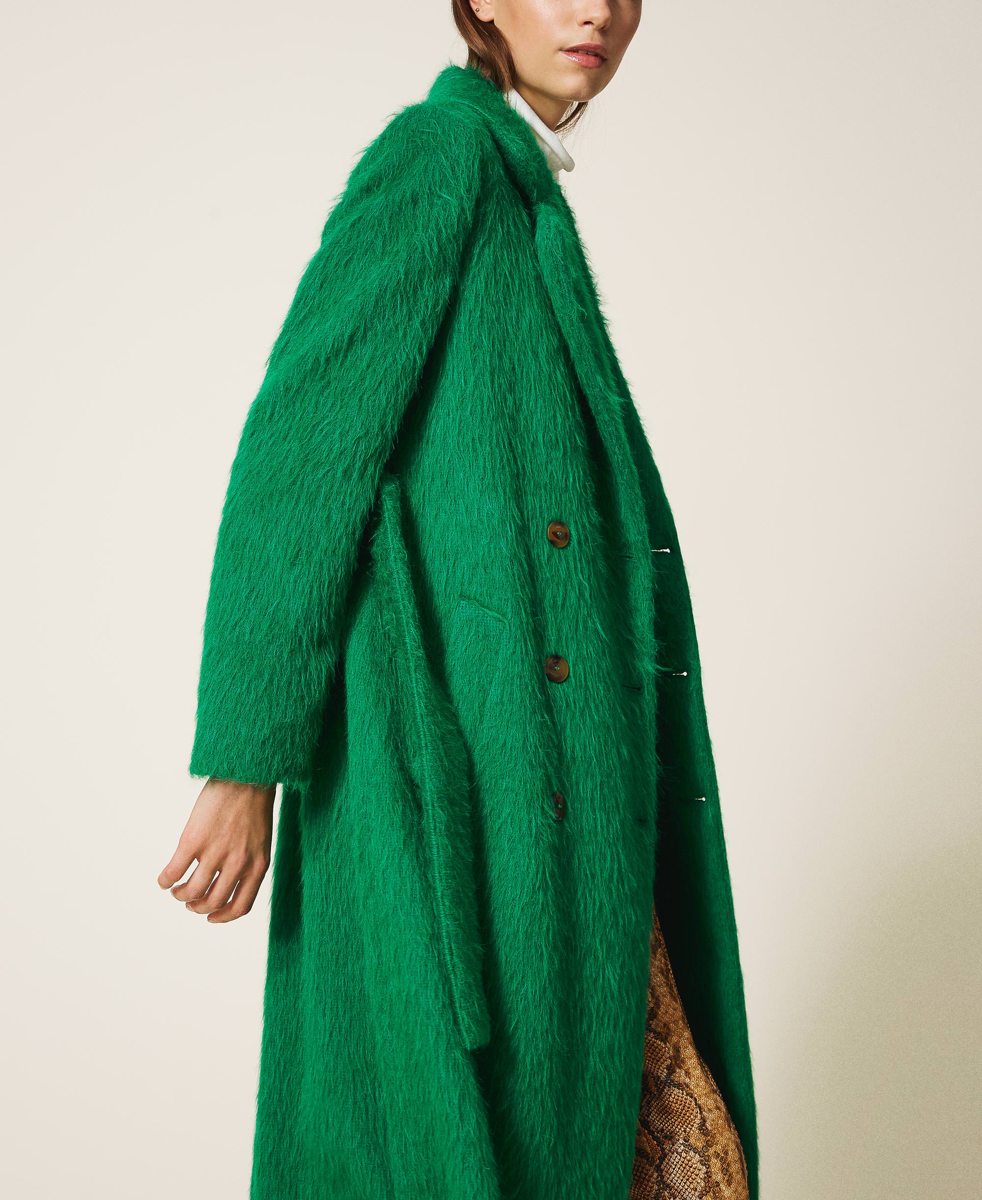 Abrigo largo de paño cepillado Mujer, Verde | TWINSET Milano
