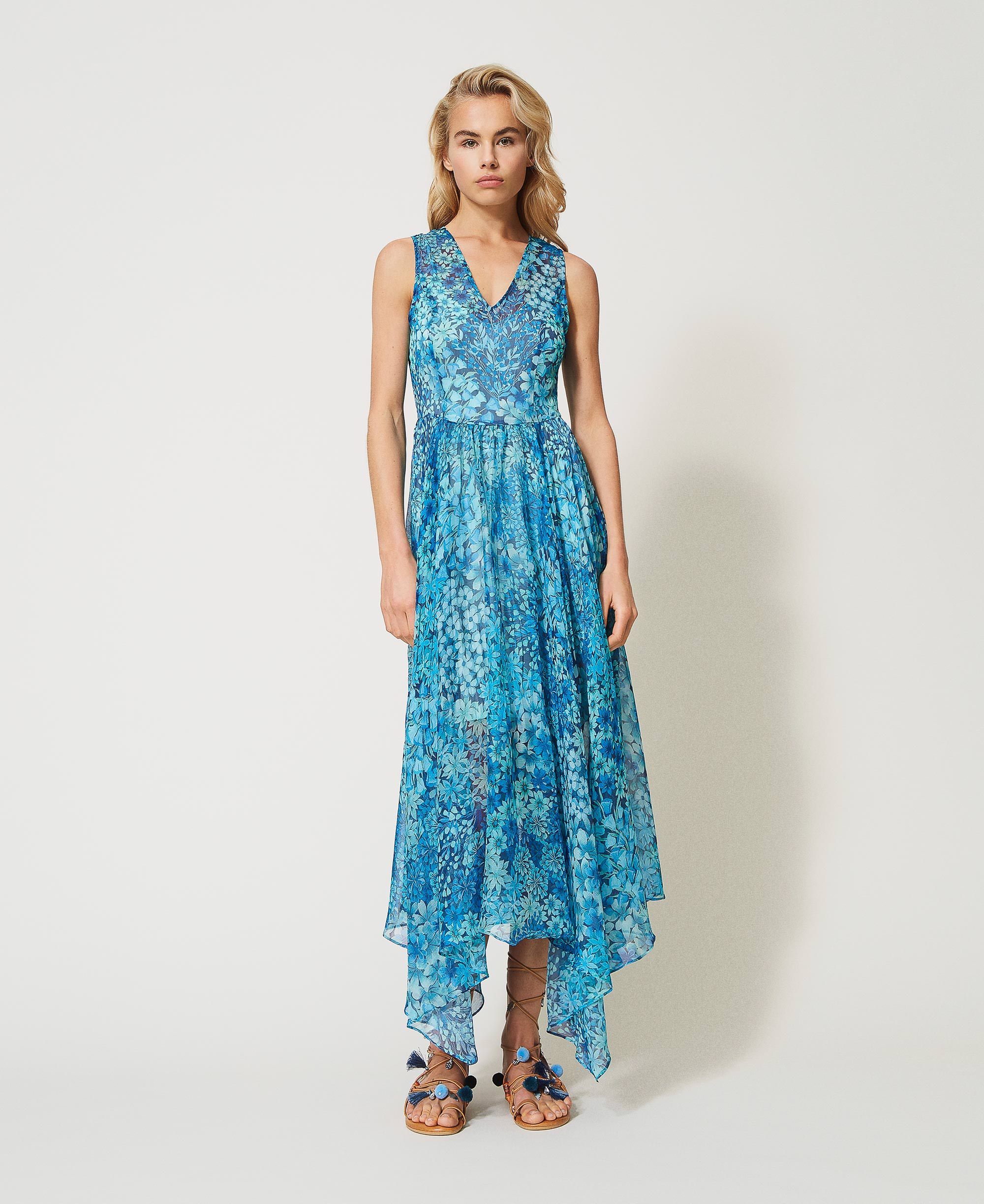 Abito lungo in creponne a fiori Donna, Azzurro | TWINSET Milano